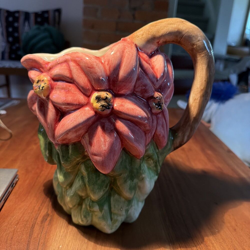 Vintage Neiman Marcus, Italian ceramic poinsettia, pitcher, hand Painted